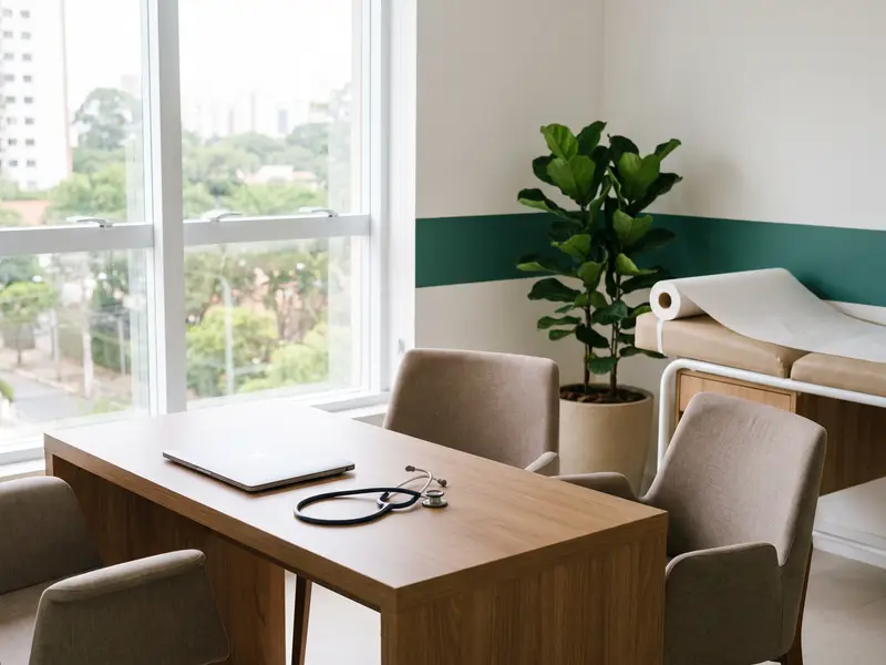 Consultório médico organizado, com mesa, cadeiras e maca ao fundo