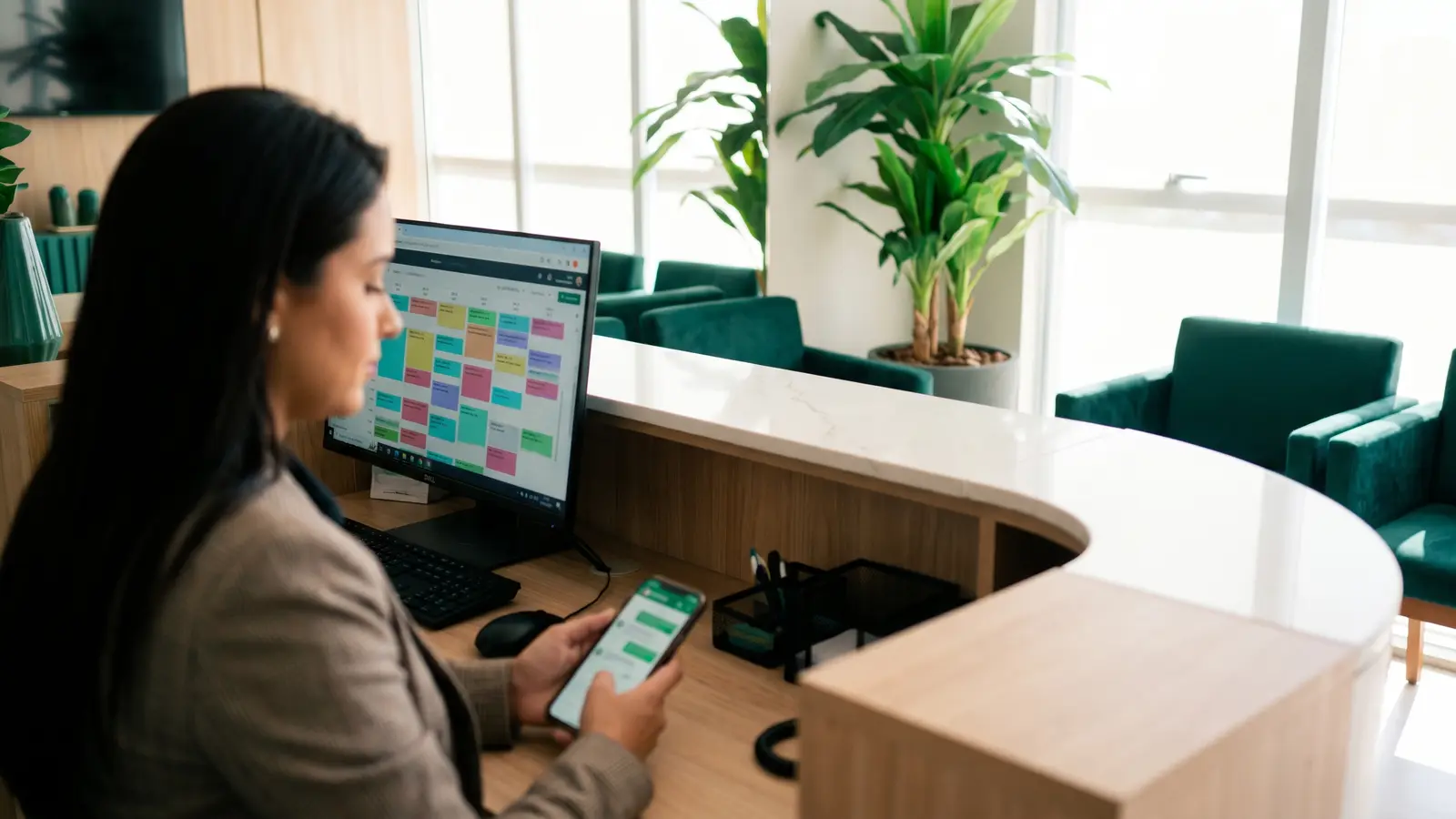 Recepção de clínica com a secretária respondendo pacientes no WhatsApp pelo celular