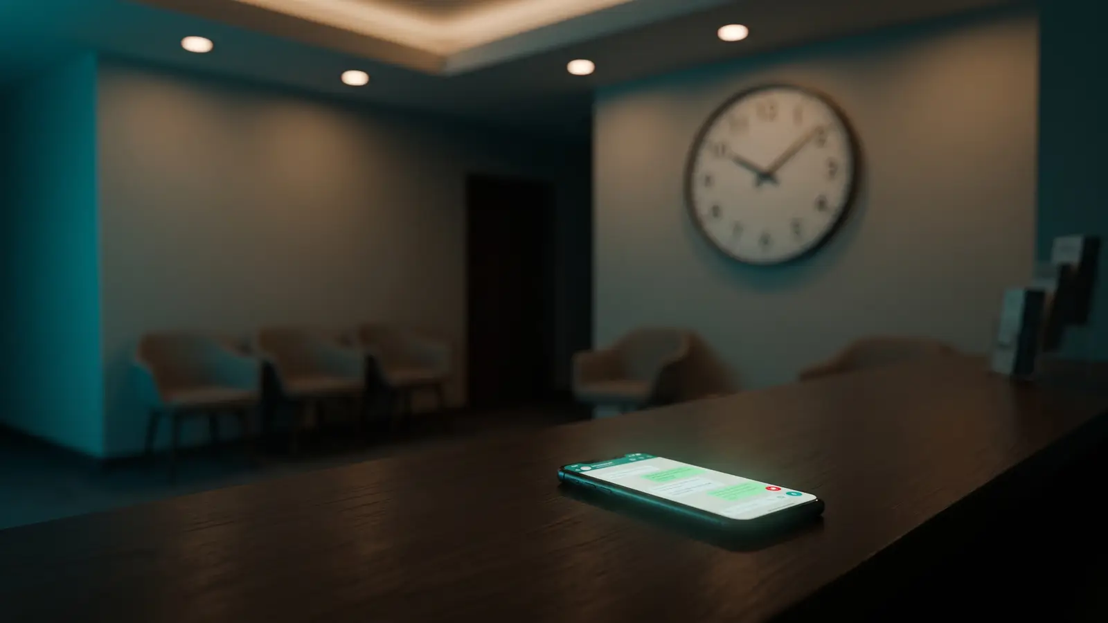 Recepção de clínica vazia à noite, com o celular no balcão recebendo mensagens de pacientes